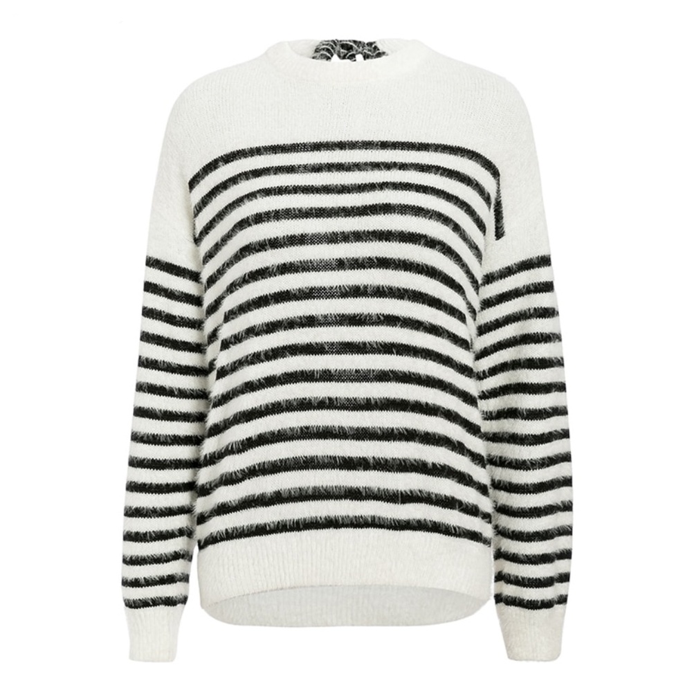 Open Back Fuzzy Striped White & Black Sweater - Picture 3 of 15